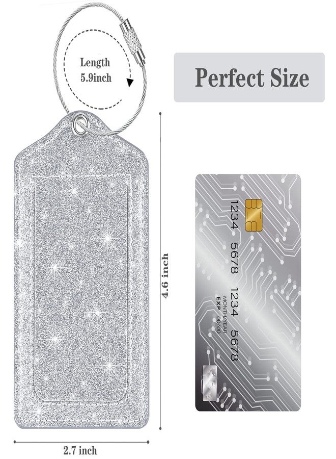Coco Rossi (Set of 2) Luggage Tag Leather Privacy Cover ID Label Address Card with Stainless Steel Loop, Travel Bag Tags Suitcase Labels, Glitter Silver - Image 2